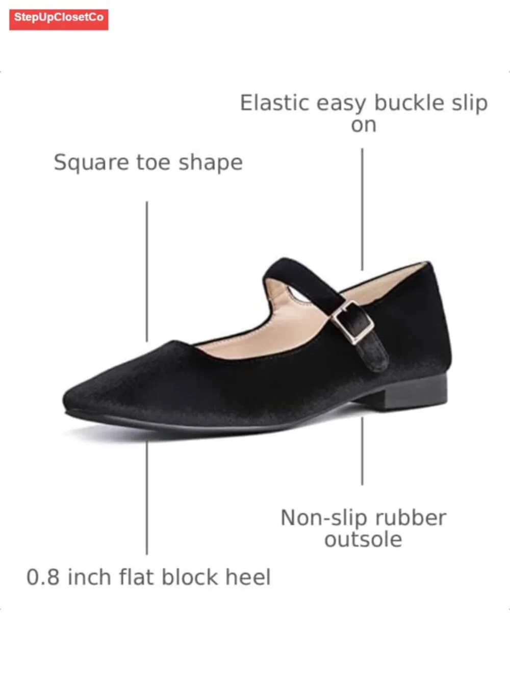 Women's Mary Jane Square Toe Low Heel Slip On Flats with Buckle